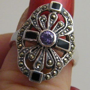 Silver Art Deco Styled Onyx,Marcasite & Amethyst Ring
