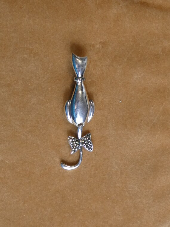 Cute Solid Silver Swing Tail Cat Brooch - image 4