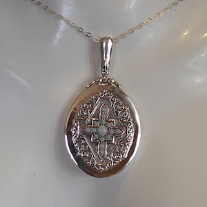 Fine Solid Silver Victorian Style Opal Cross set Locket on Silver Chain