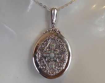 Fine Solid Silver Victorian Style Opal Cross set Locket on Silver Chain