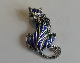 Silver Plique-a-Jour Enamel Ruby Eye Cat Brooch/Pendant