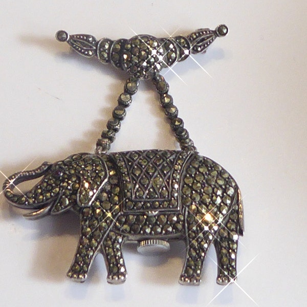Superb 1938 Silver Marcasite Elephant Watch Brooch