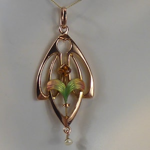 Beautiful Art Nouveau 9ct Gold Enamel Ctrine & Pearl Set Pendant