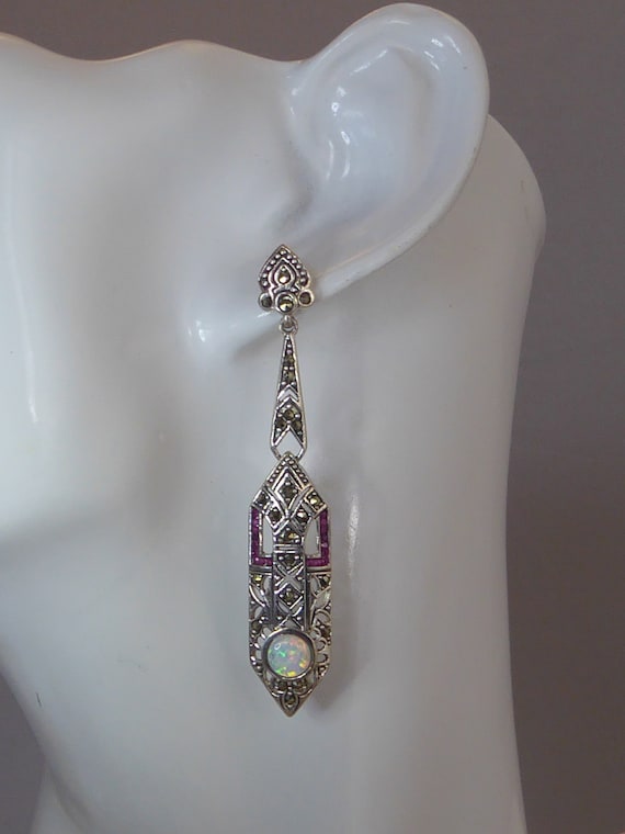 Silver Art Deco Styled Long Drop Ruby Opal set Ea… - image 1