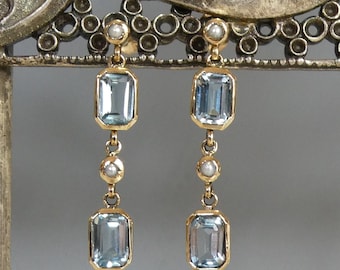 9ct Solid Gold Blue Topaz & Pearl Long Drop earrings
