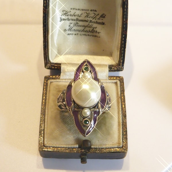 Silver & Plique Enamel Pearl ,Emerald Set Art Nouveau Styled Ring