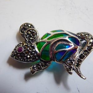 Silver Plique A Jour Enamel & Marcasite mouse brooch with Ruby set Eye