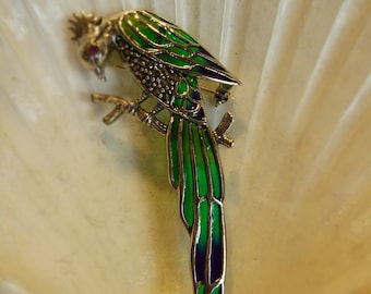 Silver Plique-A-Jour Enamel Art deco style bird Brooch