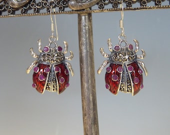 Fine Pair Solid Silver Enamel & Ruby Set Lady Bird Earrings