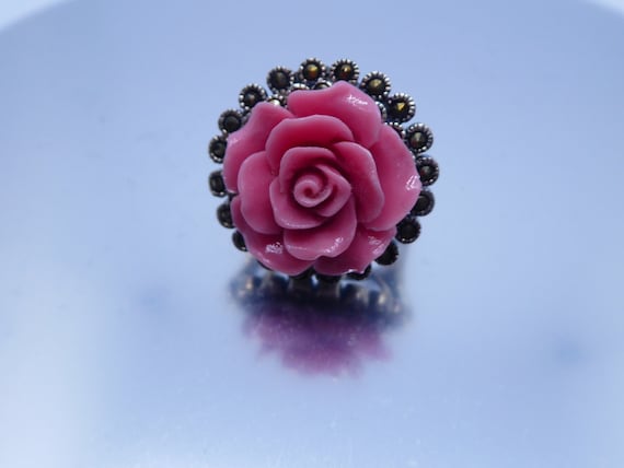 Pretty Solid Silver Marcasite Pink Rose Flower Ri… - image 8