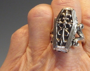 Solid Silver Coffin Ring Complete with Skeleton