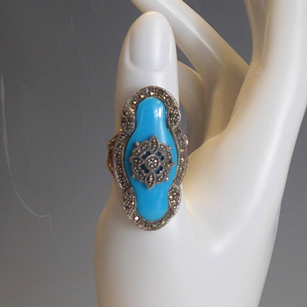 Impressive Large Solid Silver Turquoise Marcasite ring