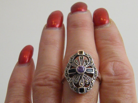 Bague Art Déco Argent Sterling Avec Onyx Et Marcassite - Taille 58 - Neuve Avec étiquette