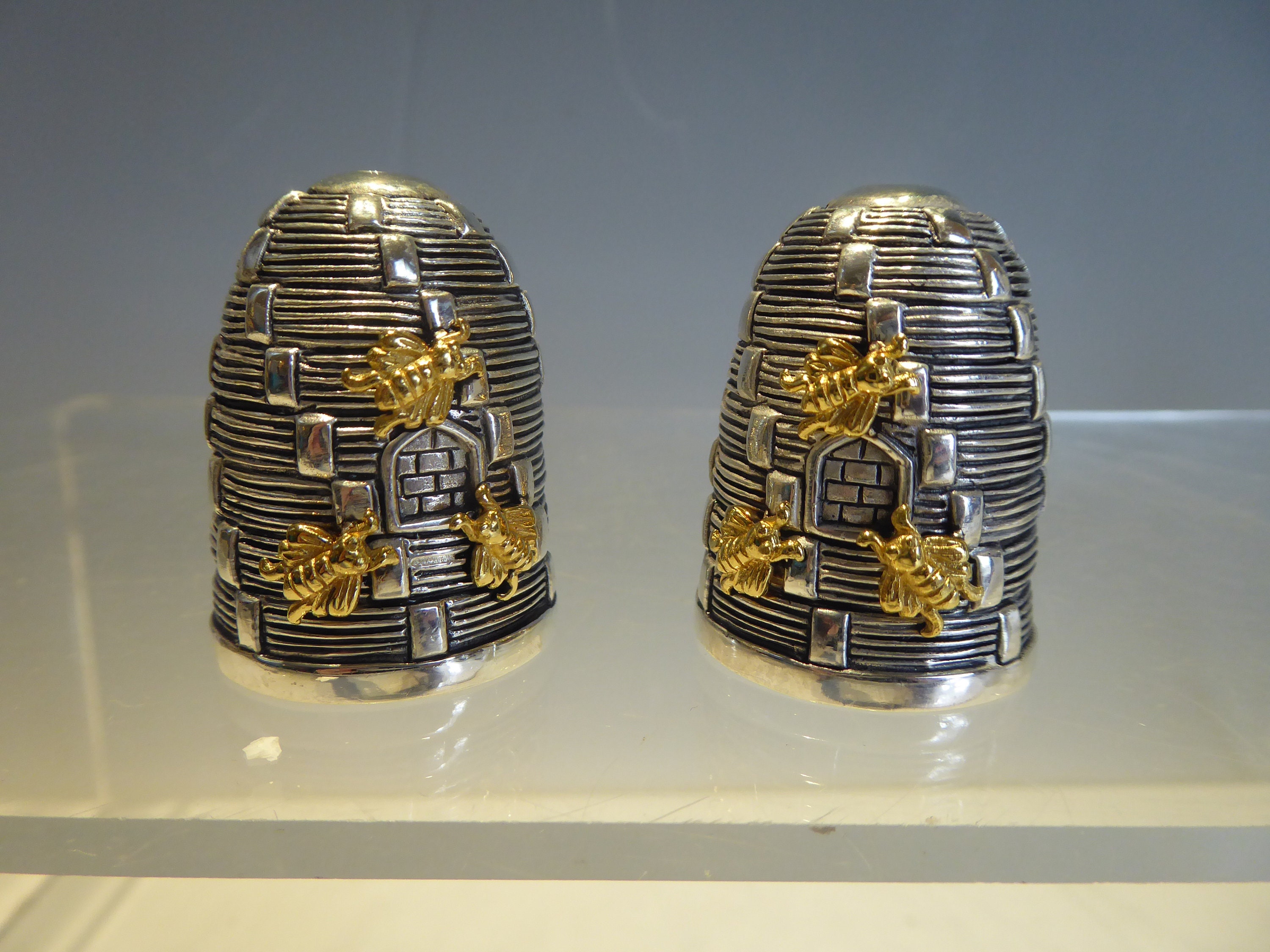 Pair of collectable vintage Godinger silver beehive gold bee