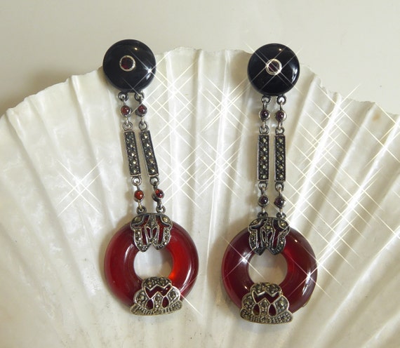 Fine Pair Silver Art Deco Style Long Drop Onyx,Ga… - image 1