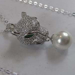 Fine Silver Panther Cat Head Pearl Pendant