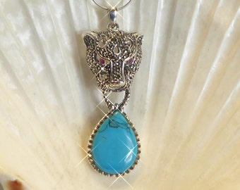 Fine Silver Turquoise, Marcasite and Ruby Art Deco Design Panther Cat head Pendant