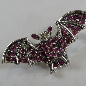 May include: A silver bat brooch with wings covered in purple rhinestones.