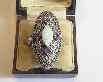 Silver Opal, Amethyst and Marcasite set ring