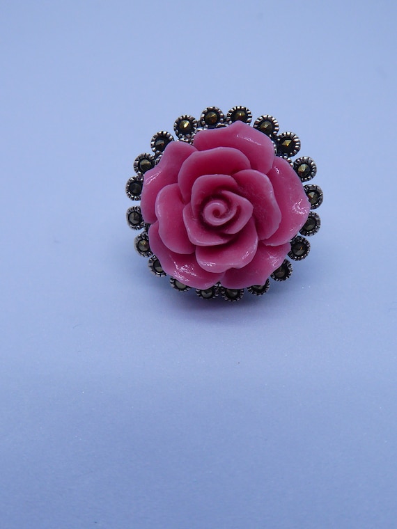Pretty Solid Silver Marcasite Pink Rose Flower Ri… - image 6