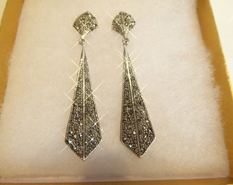 Fine Silver Marcasite Art Deco Style Long Drop Earrings