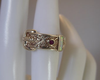 Fine Solid Silver Real Ruby and Opal set Buckle Ring