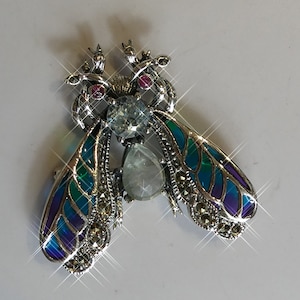 May include: A silver brooch in the shape of a butterfly with iridescent blue, green, and purple wings. The butterfly has two red gemstones on its head and a clear gemstone in the center of its body. The brooch is decorated with small, sparkling stones.