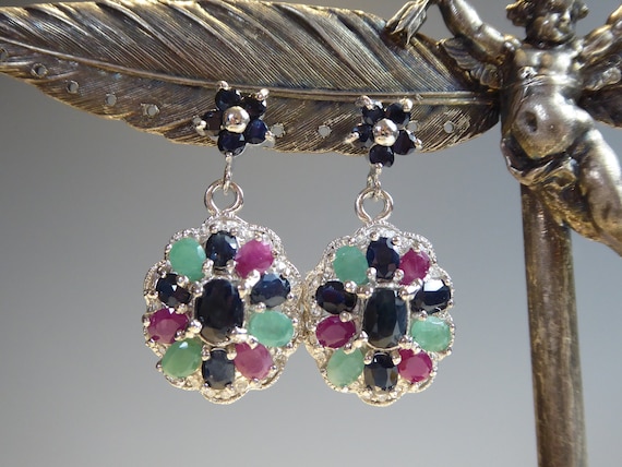 Silver real Emerald,Ruby,Sapphire set drop cluste… - image 1