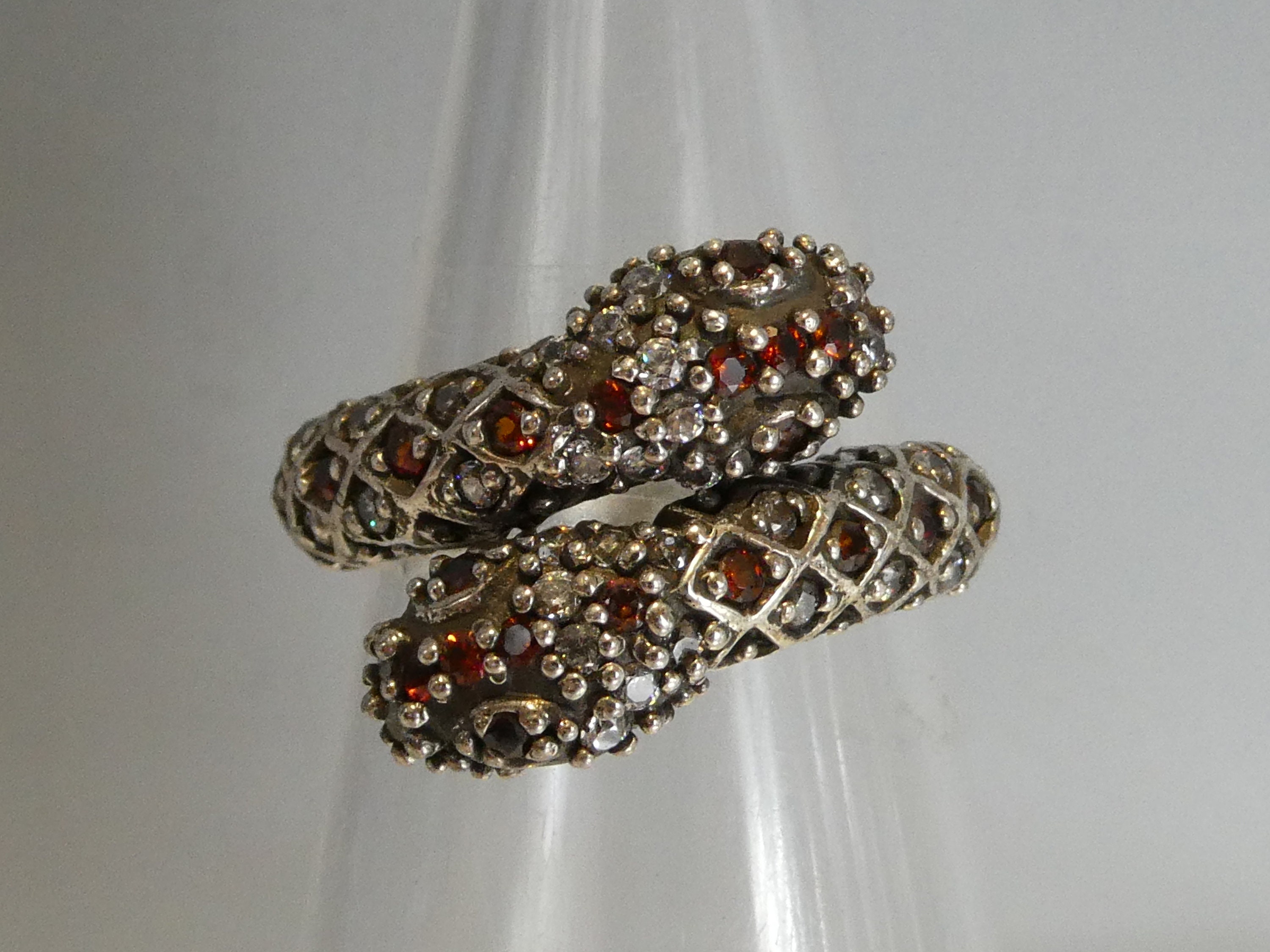 Silver Real Garnet Set Double Headed Snake Ring
