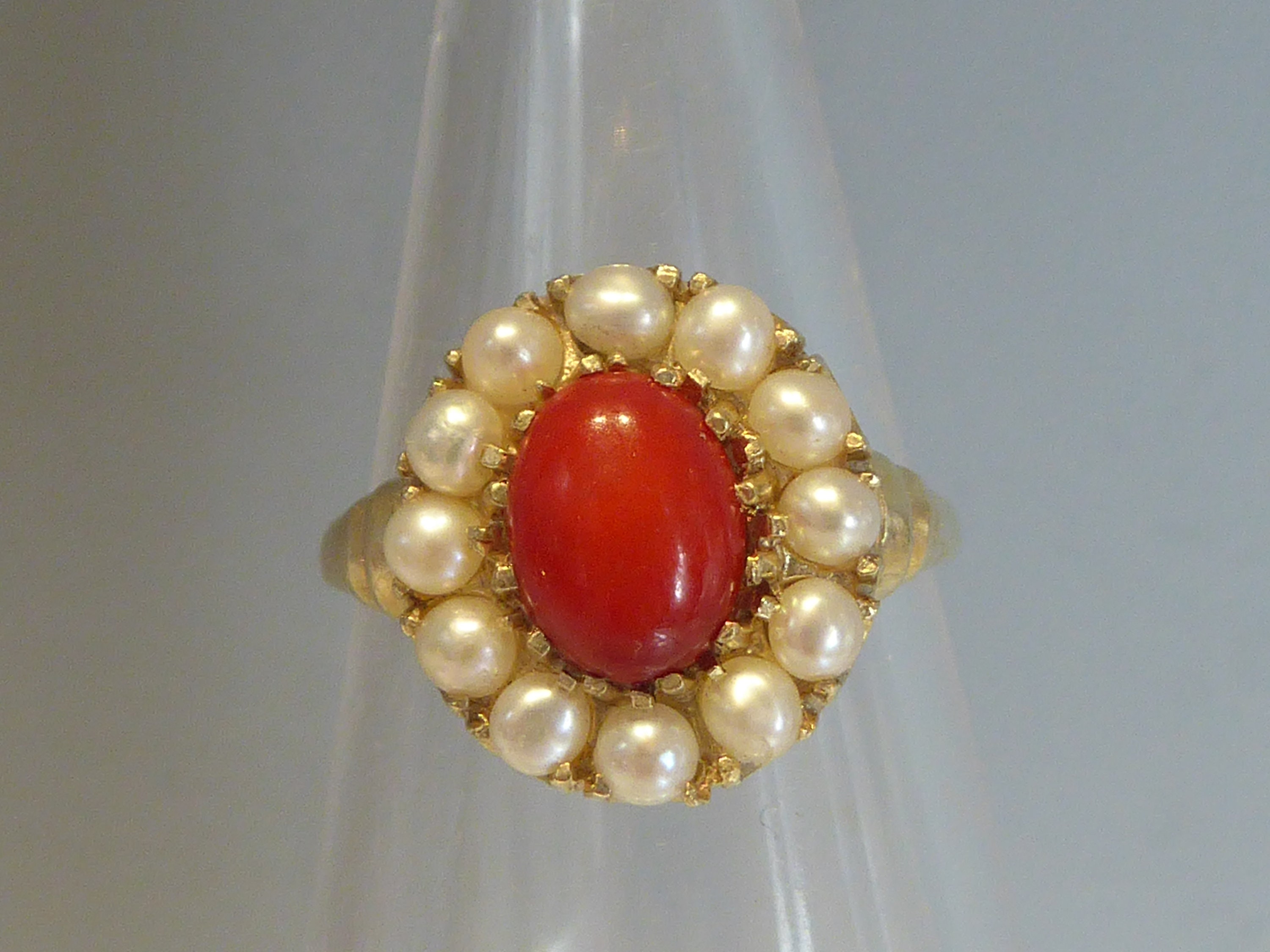 Red Coral and Pearl Ring