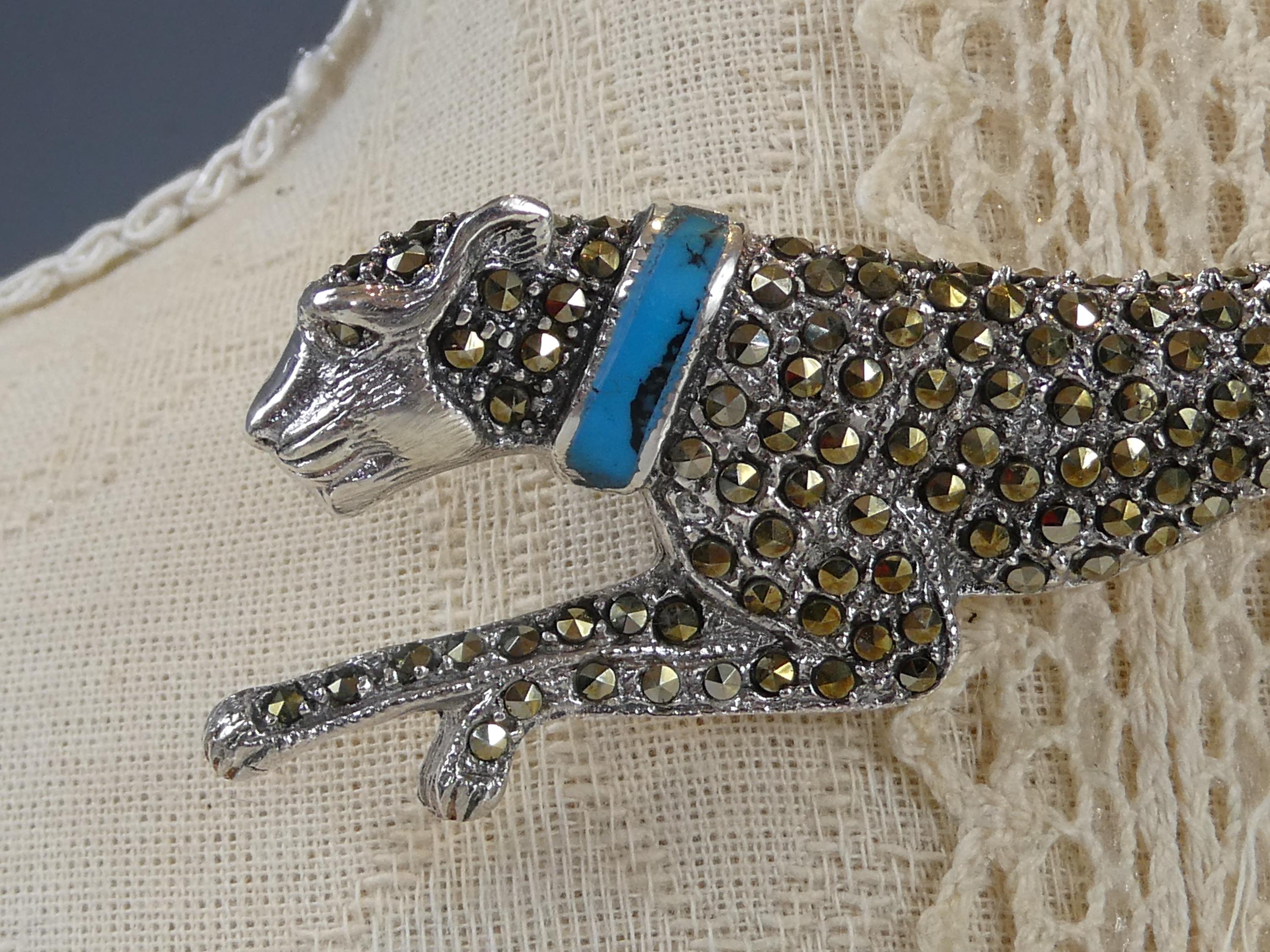Broche Ancienne Panthère - Argent Massif Et Finition Or - Améthyste Et Saphir Bleu - Occasion