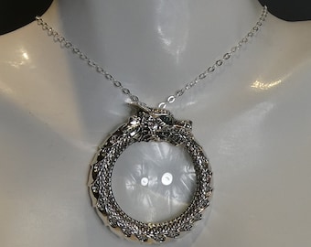 Silver Dragon Spy Glass Loupe Magnifier Pendant Necklace