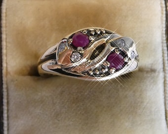 Fine 9ct Solid Gold Real Ruby & Diamond Double Snake Head Ring