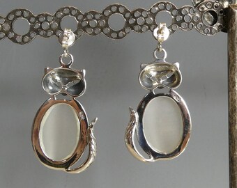 Boucles D'oreilles Argent 925 Avec Pierre œil De Chat Losange Rose - Neuf Sans Emballage