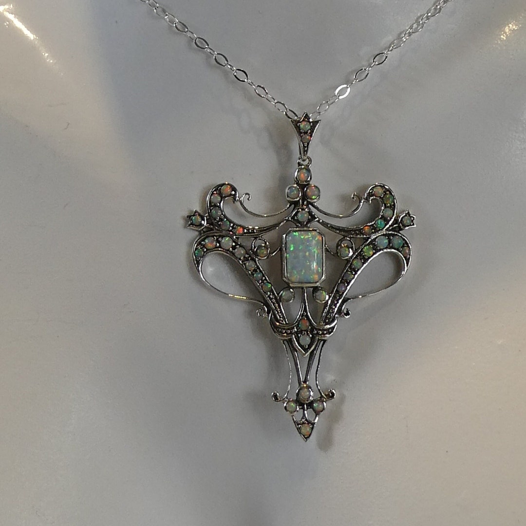 Art Nouveau Style Silver Opal Lavalier Pendant on Chain - Etsy