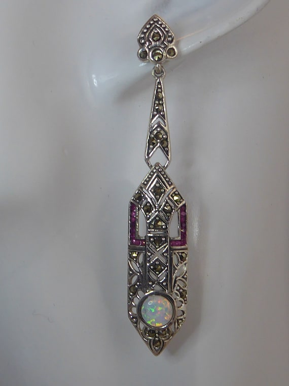 Silver Art Deco Styled Long Drop Ruby Opal set Ea… - image 8