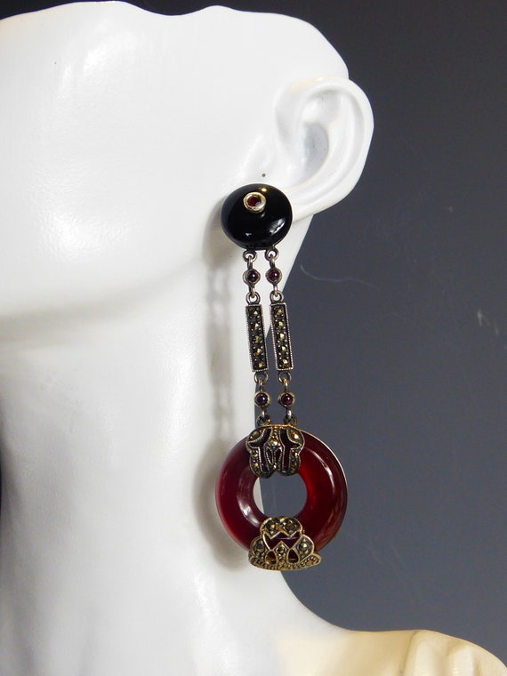 Fine Pair Silver Art Deco Style Long Drop Onyx,Ga… - image 9