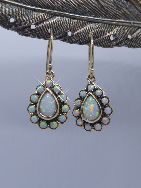 9ct Solid Gold Pear shape drop Opal Earrings - image 1