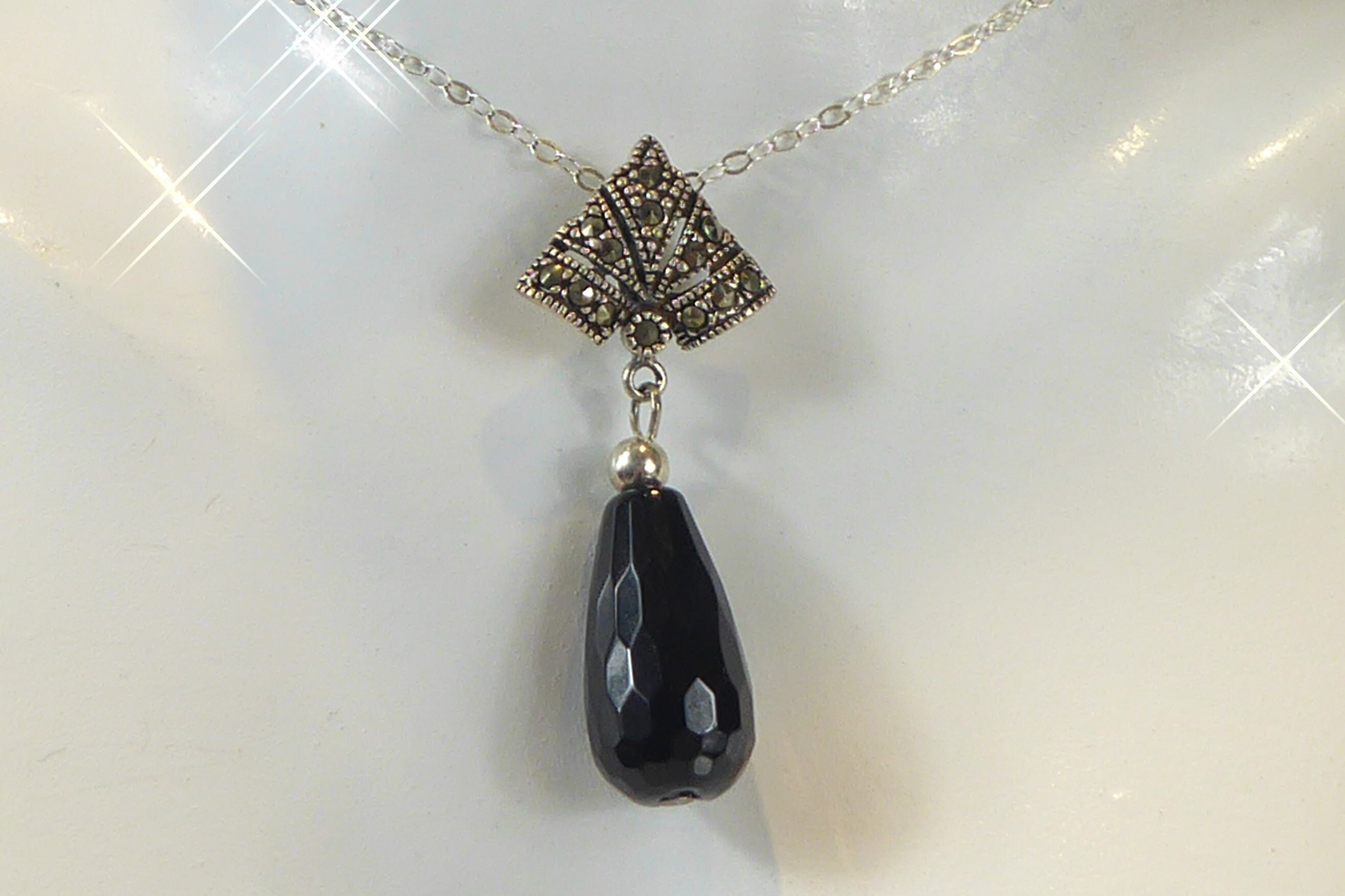 Collier Pendentif Art Déco En Argent 925 Avec Marcassite Et Onyx - Longueur 18 Pouces, Neuf