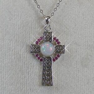 Silver Celtic Opal Ruby Set Cross Pendant Necklace,