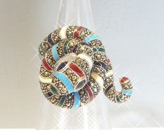 Impresionante anillo de serpiente en espiral con conjunto de marcasita y esmalte plateado