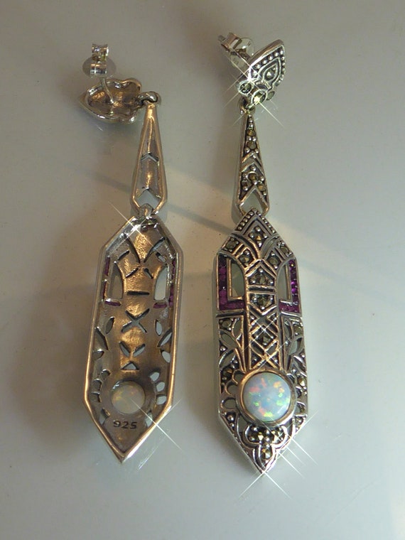Silver Art Deco Styled Long Drop Ruby Opal set Ea… - image 7