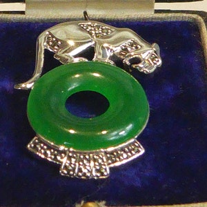 Silver Jade & Marcasite Set Art Deco Panther Pendant
