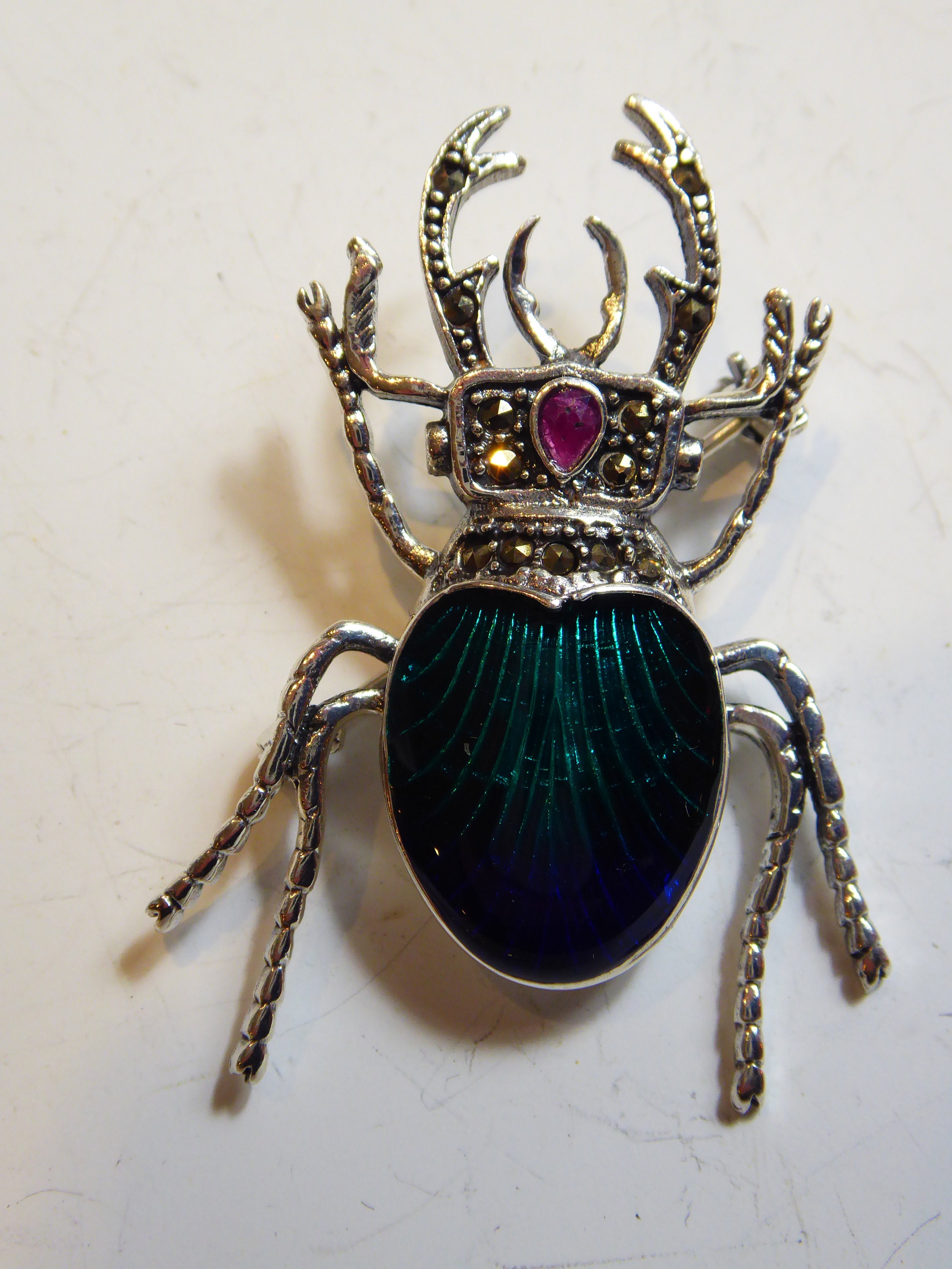 Quantiquecollectable Silver and Iridescent Enamel Scarab Beetle Brooch