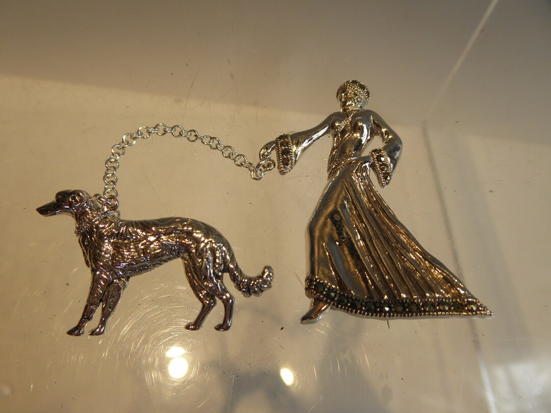 Art Deco Design Lady Walking Dog Brooch Etsy UK