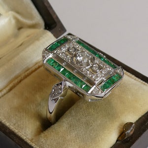 Fine 9ct Solid Gold Art Deco Design Real Diamond & Emerald ring