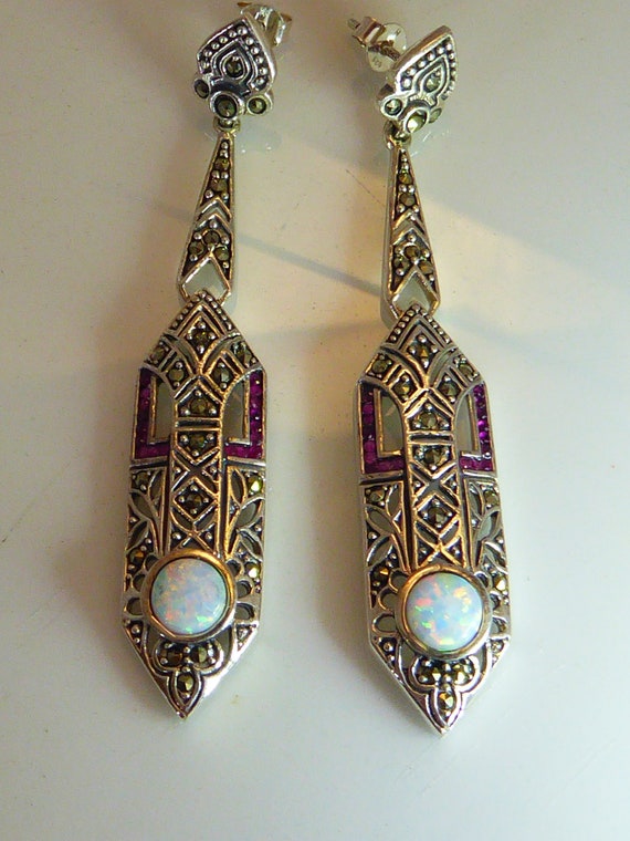 Silver Art Deco Styled Long Drop Ruby Opal set Ea… - image 5