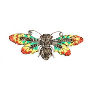 Silver plique a Jour enamel ,Marcasite Ruby Eye Butterfly Brooch