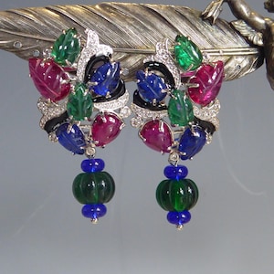 Fine Pair Silver Set Tutti Frutti Carved Earrings, Art Deco Style Earrings