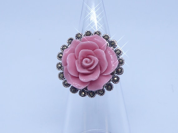 Pretty Solid Silver Marcasite Pink Rose Flower Ri… - image 1